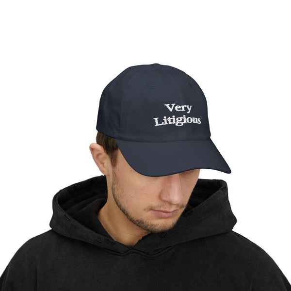 Navy Very Litigious hat worn from a front angle
