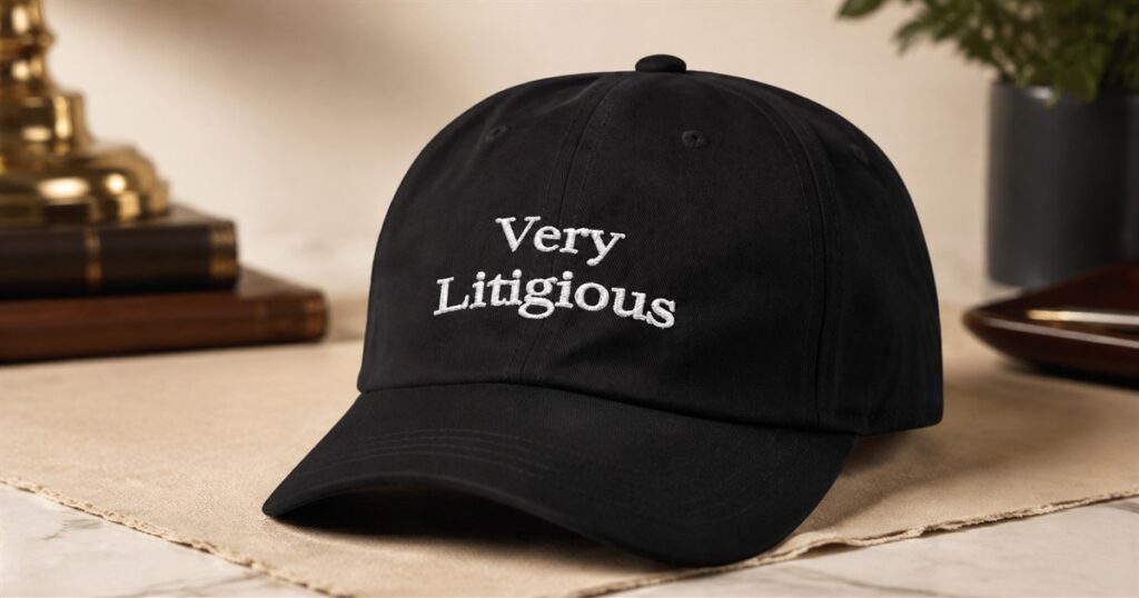 Black Very Litigious snapback hat on a warm desk-like studio surface