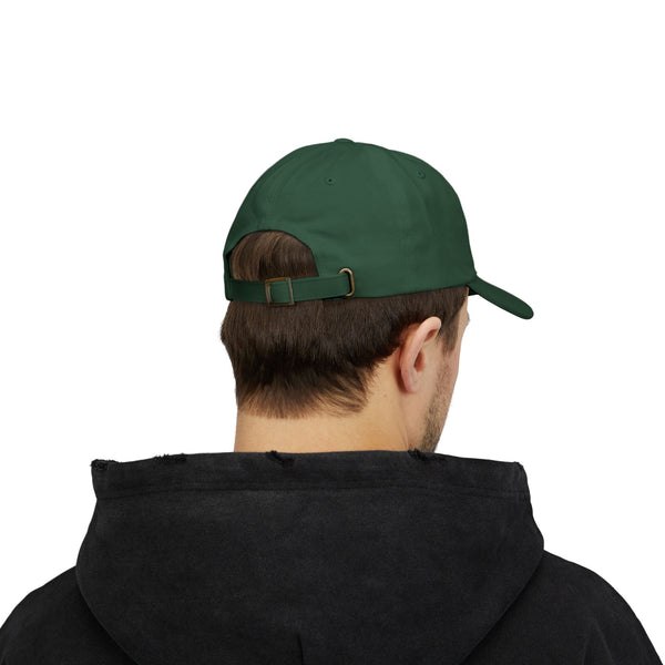 Back view of the spruce Very Litigious hat worn with adjustable strap visible