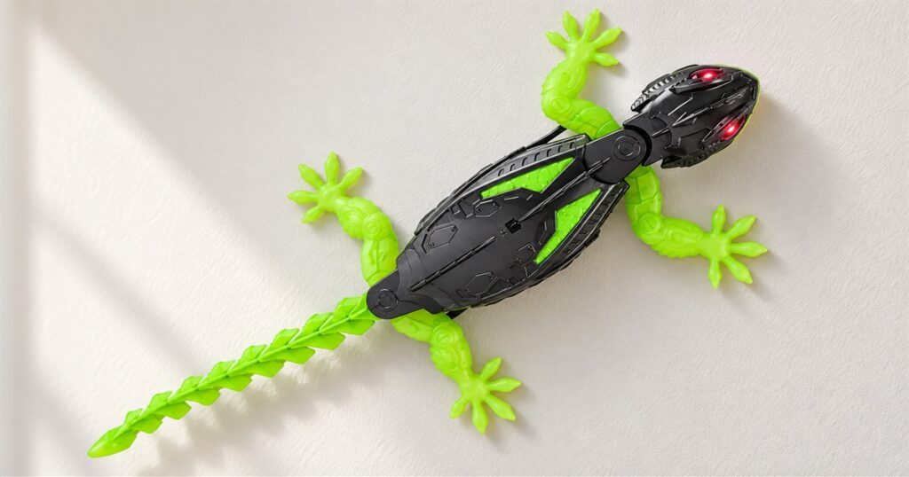 Wall-climbing gecko robot with green limbs and red LED eyes