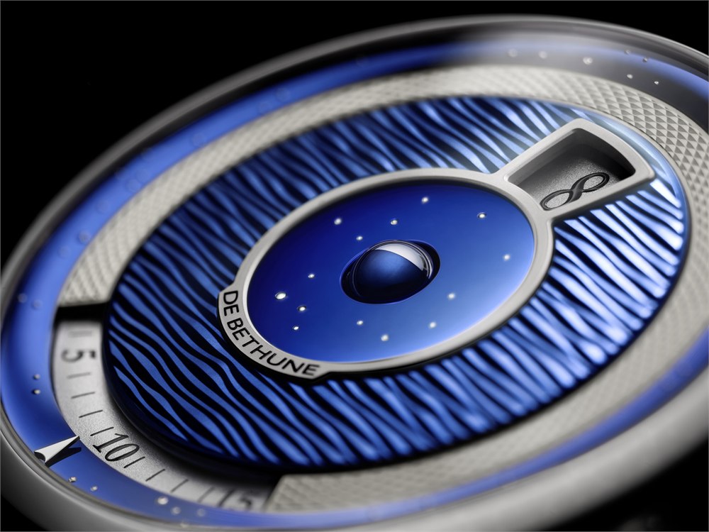 Close view of the blue dial and spherical moon