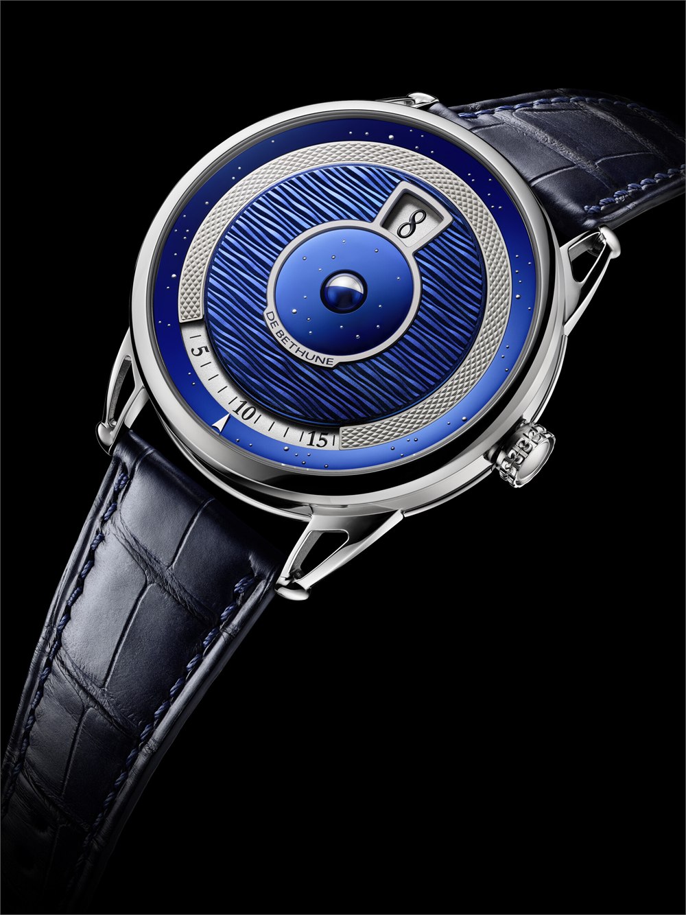 Angled view of the polished titanium case and blue strap