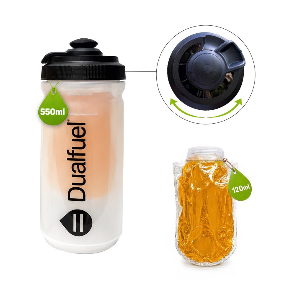 Dualfuel bottle with its separate refillable gel pouch and lid detail
