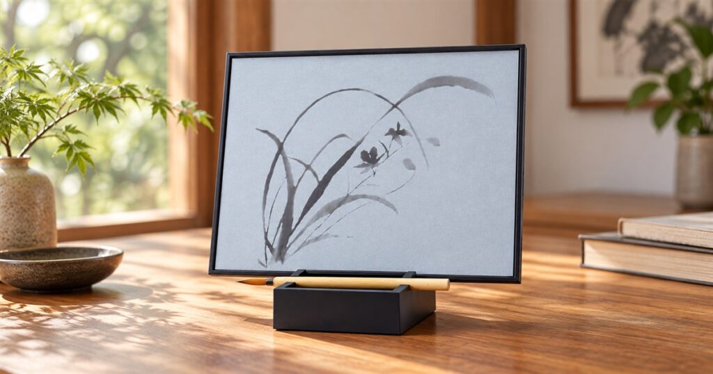 Water painting board with temporary botanical brushwork on a wooden desk