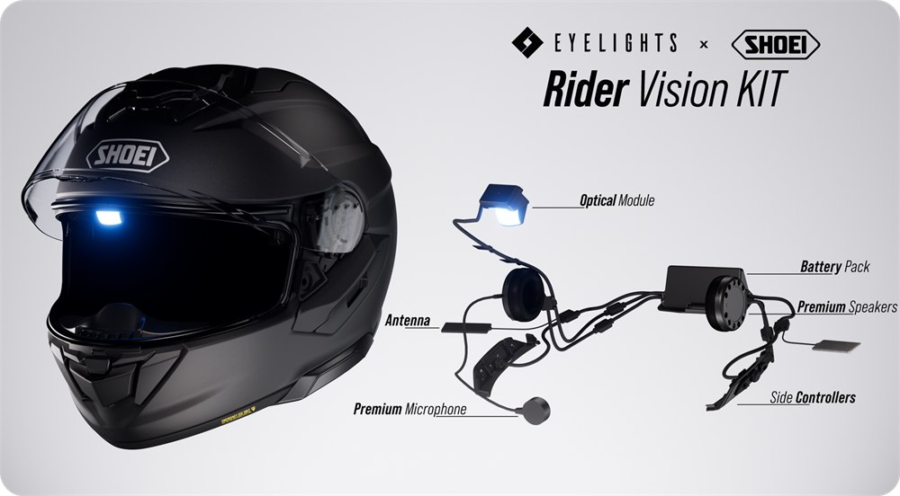 EyeLights Rider Vision Kit showing optical module and audio components