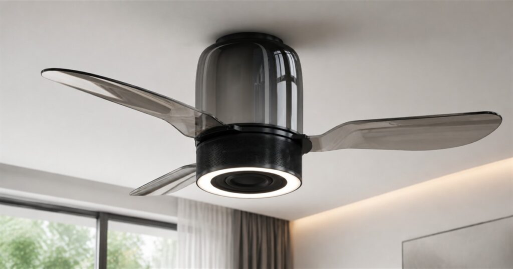 Generated no-text image of the WindGroove AirFi One hi-fi ceiling fan speaker installed overhead