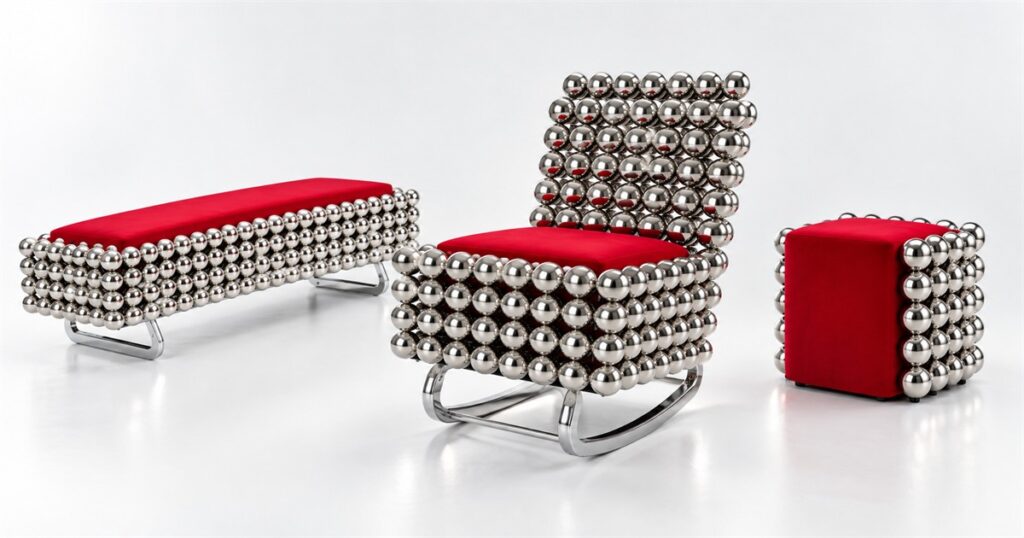 Generated editorial image of the Wishes steel sphere furniture collection with red cushions