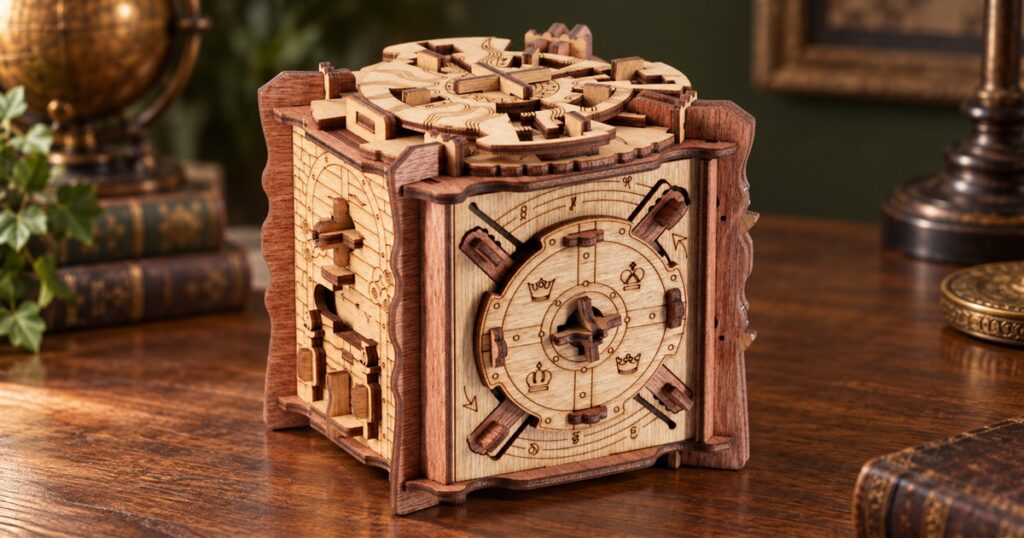 Trial of Camelot wooden escape room puzzle box on a tabletop