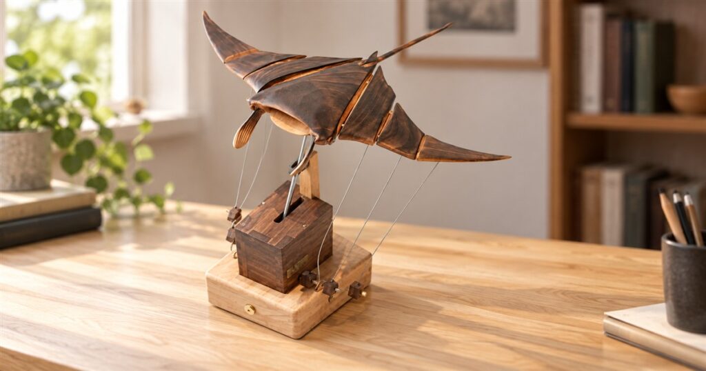 Wooden kinetic manta ray sculpture displayed on a desk