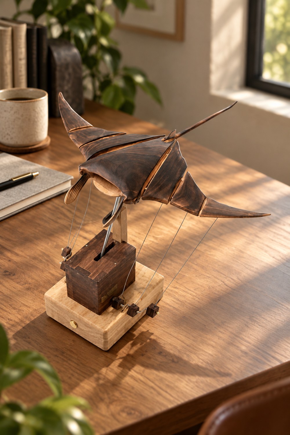 Walnut manta ray sculpture with segmented fins and slender mechanical linkages mounted on a wooden base on a sunlit desk.