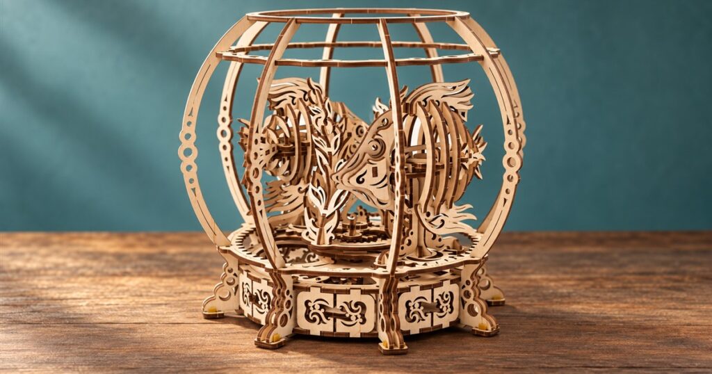 Wind-up wooden mechanical aquarium on a tabletop