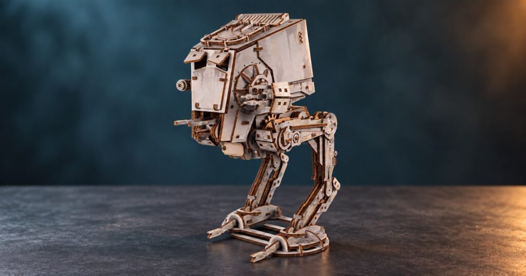 Wooden AT-ST walking model with grey plywood panels and exposed mechanical legs