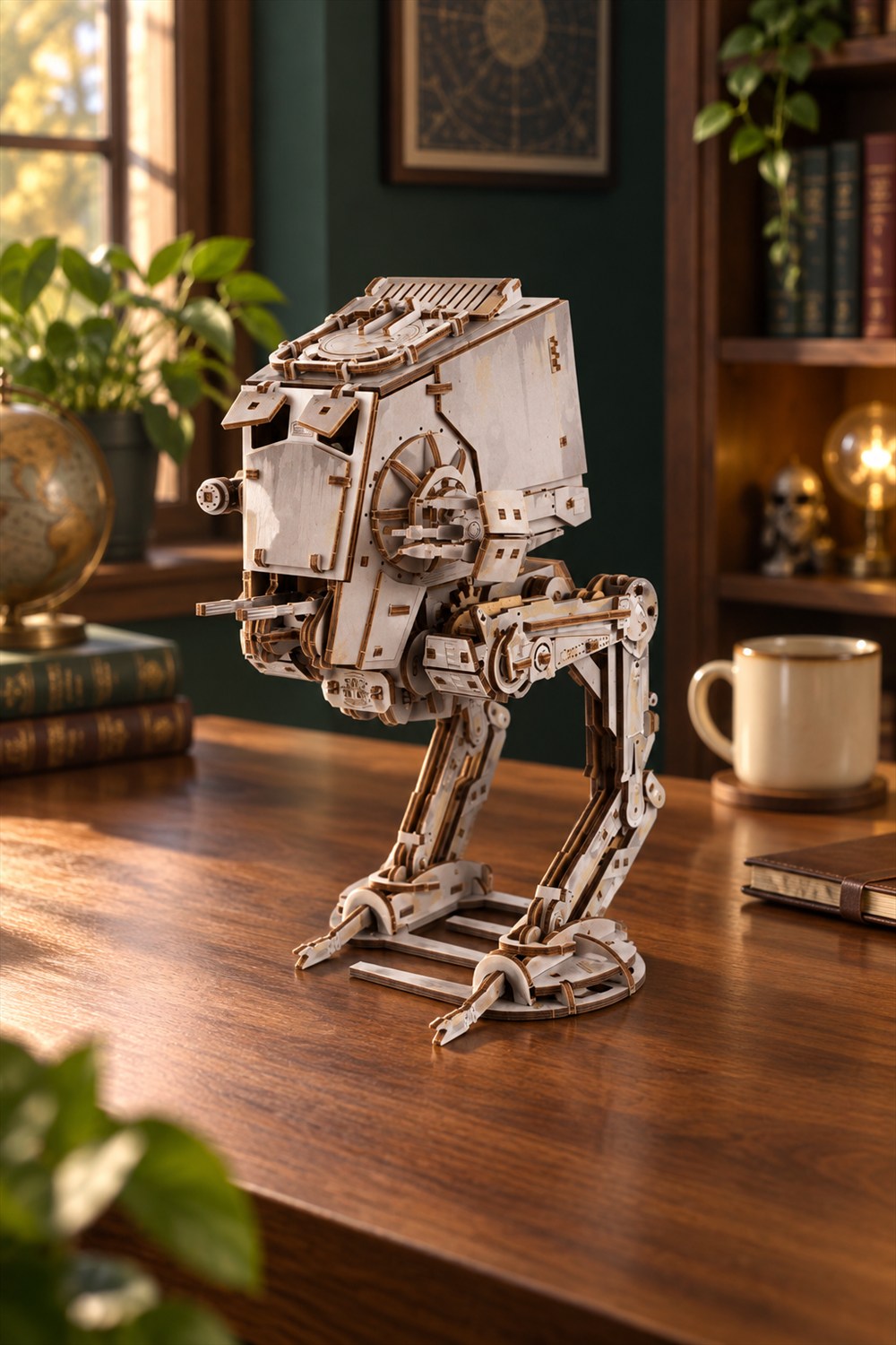 A wooden AT-ST mechanical model stands on a walnut desk beside a coffee mug in a warmly lit home study.