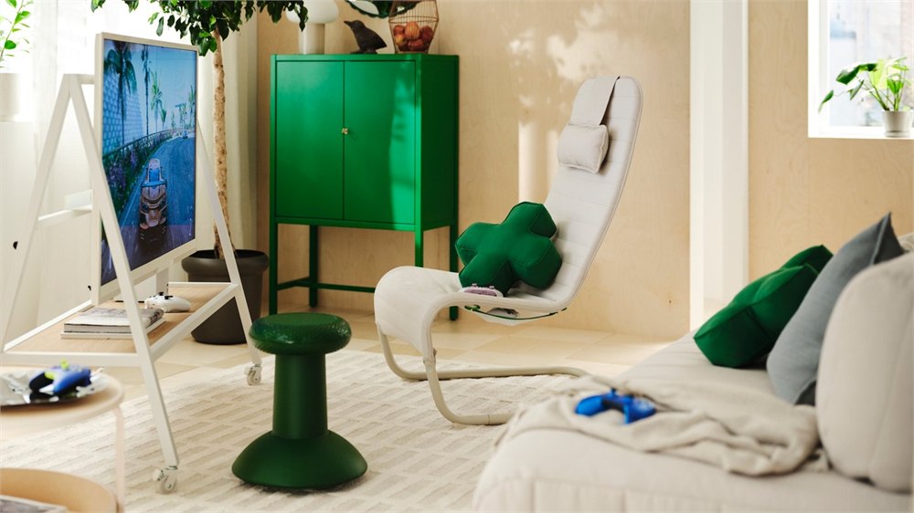 Living room gaming setup with YXSTABY furniture, TV stand, lounge chair, cushions and thumbstick stool