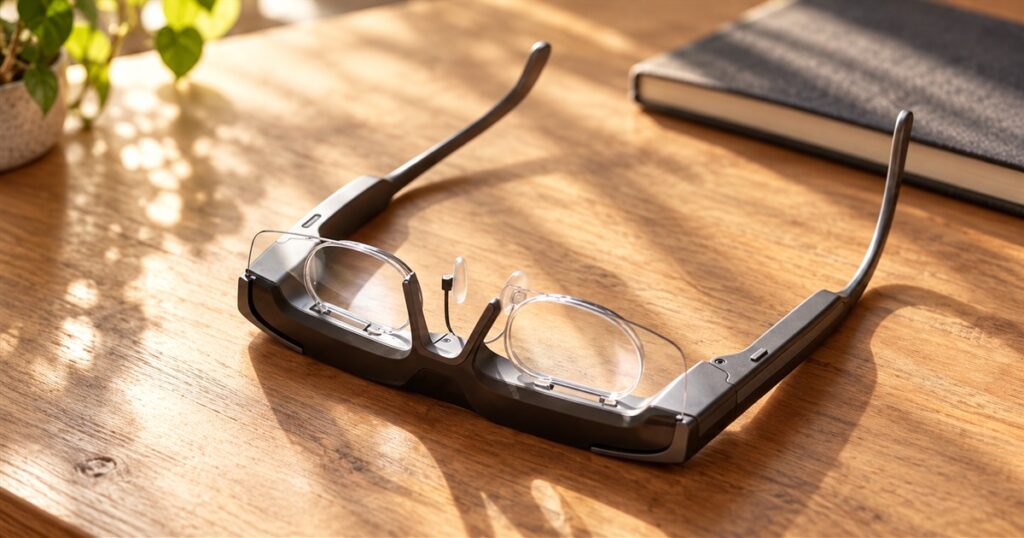 Illustration of VIVIFoCAL S1 adaptive glasses on a wooden desk