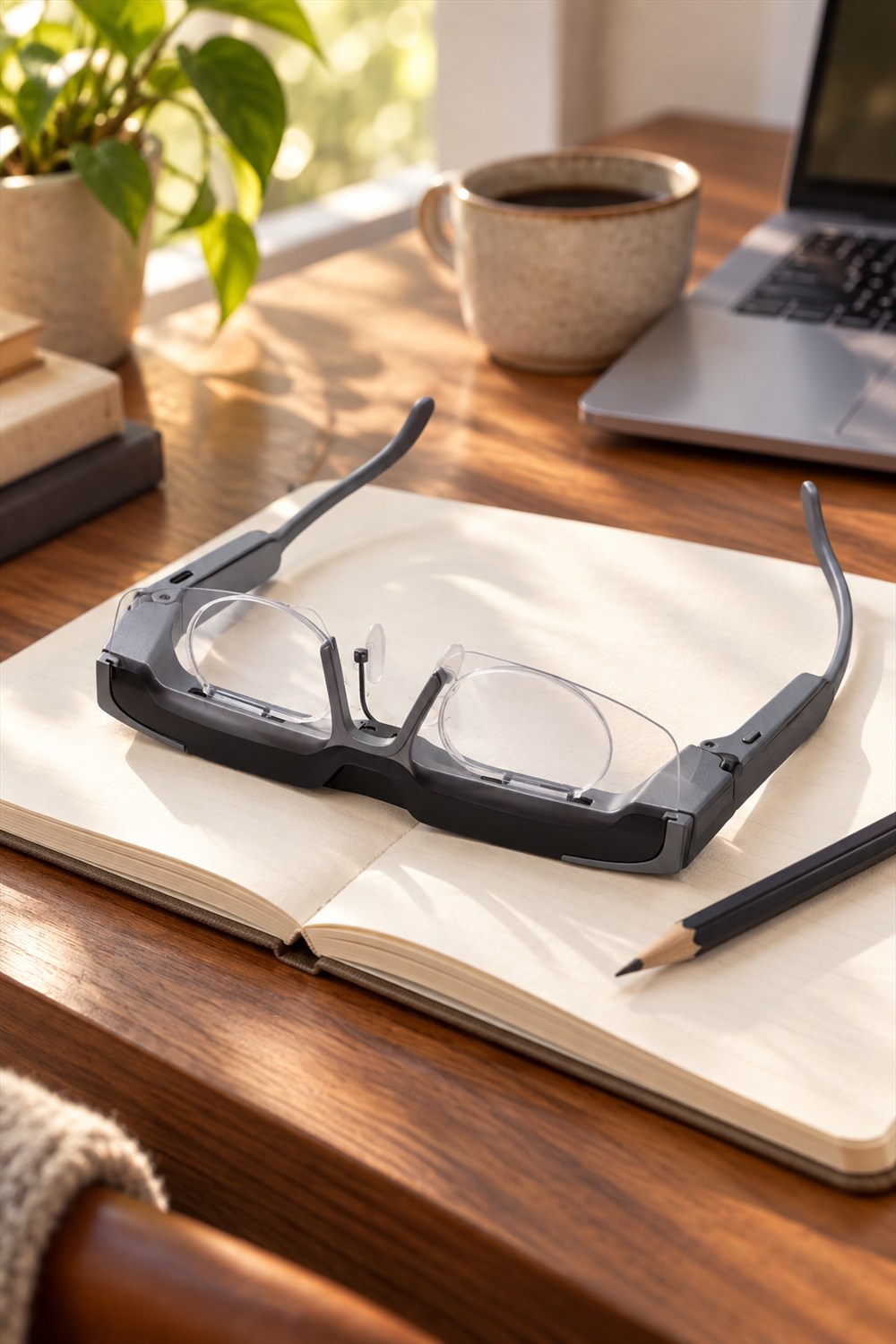 Gray and black VIVIFoCAL S1 glasses with layered clear lenses and open temples resting on a notebook beside a pencil, coffee cup and laptop.