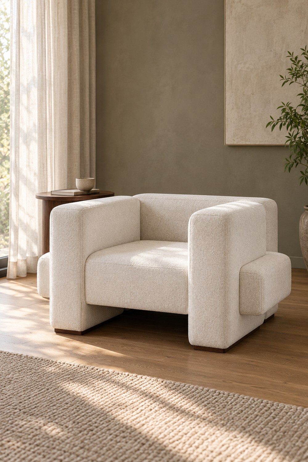 Ivory one-seat sofa with upright padded arms and a projecting horizontal seat in a sunlit reading corner.