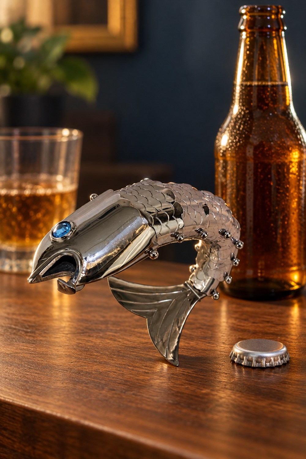 Chrome articulating fish bottle opener with a blue eye curled on its forked tail beside an amber bottle and a removed silver cap on a walnut counter.