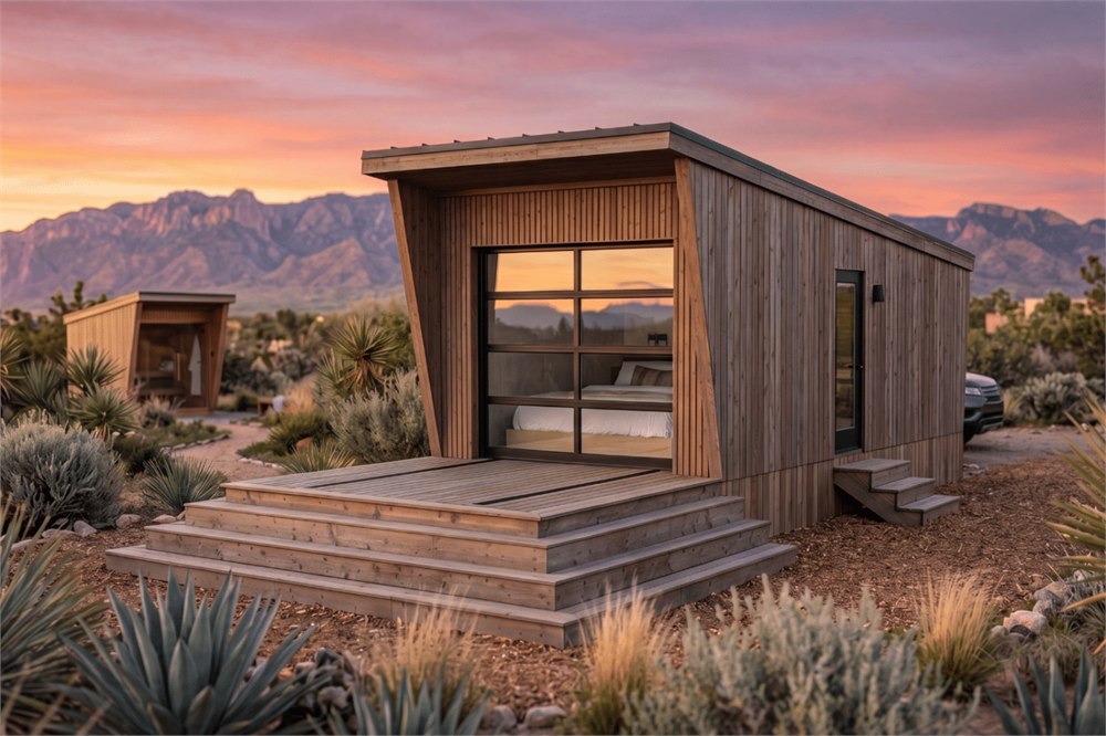 Atlas tiny house exterior with wood siding and glass garage door — manufacturer visualization