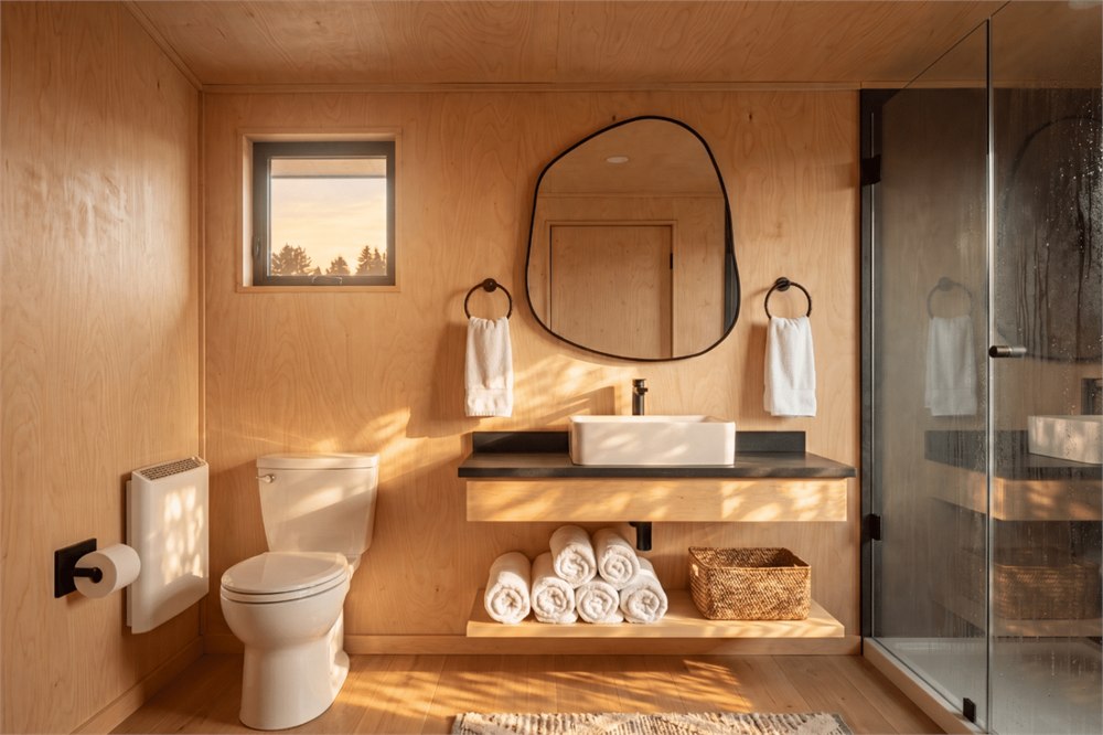 Atlas bathroom with shower, toilet, and vanity — manufacturer visualization