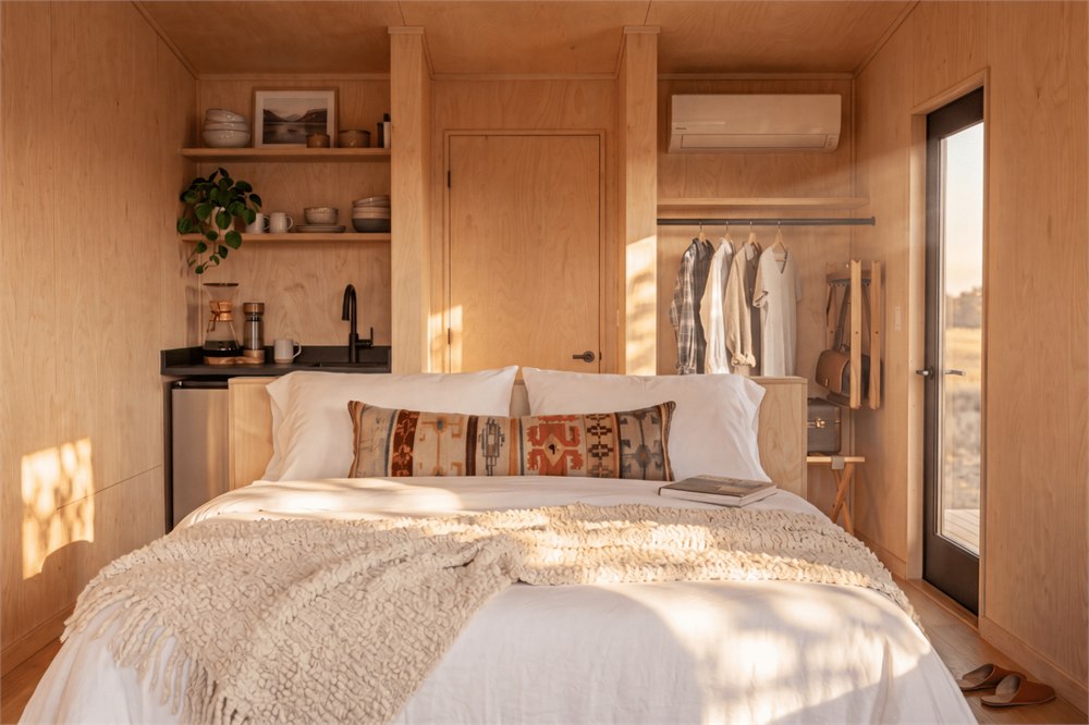 Atlas interior showing bed and compact kitchen — manufacturer visualization