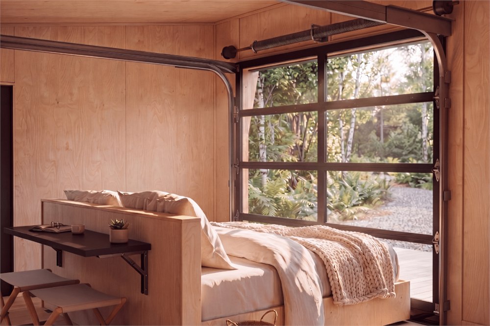 Atlas bedroom with closed glass garage door — manufacturer visualization