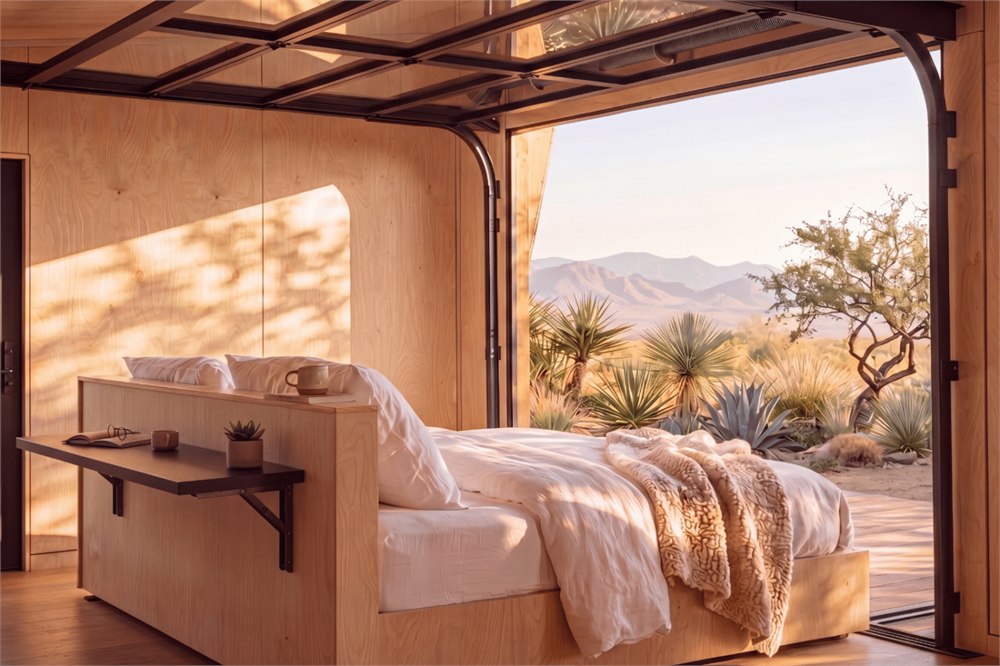 Atlas bed beside open garage door and outdoor deck — manufacturer visualization