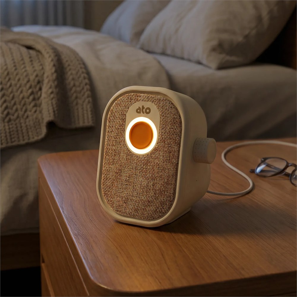 Ato companion on a bedside table with its orange button illuminated