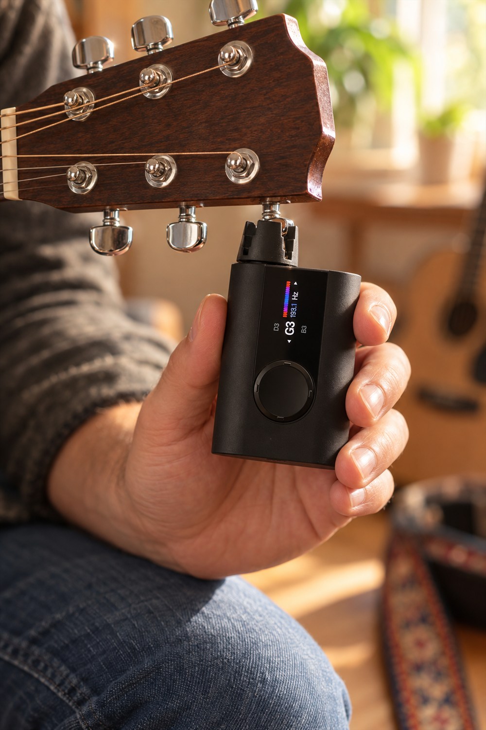 A hand holds a black Roadie 3 automatic tuner with its notched connector fitted over a chrome tuning peg on a wooden acoustic guitar headstock.
