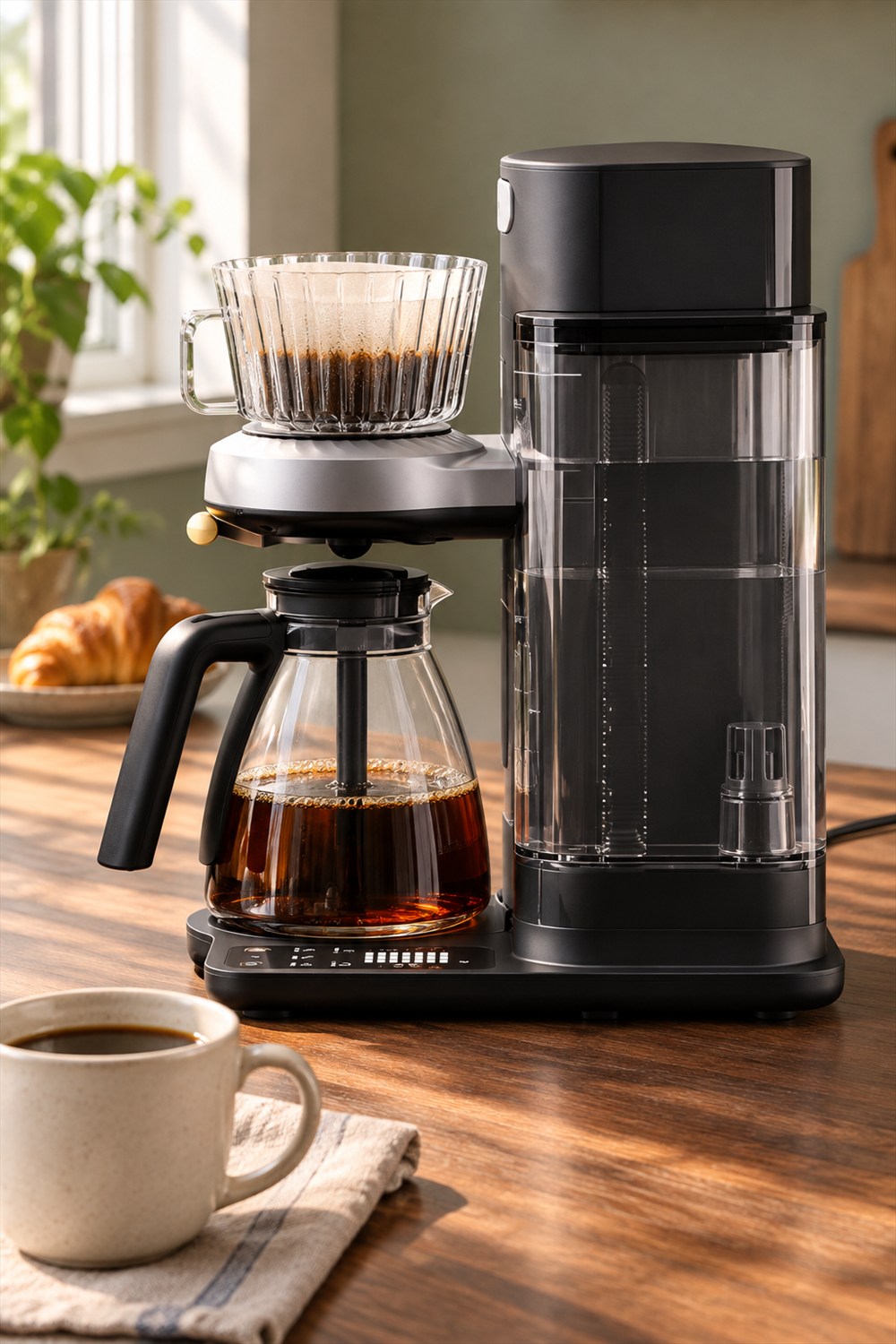 Black COSORI Juni coffee machine with a ribbed glass brew basket, clear water reservoir and glass carafe of coffee on a sunlit walnut kitchen counter.