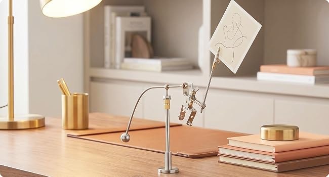 Balancing robot holding a small drawing on an office desk