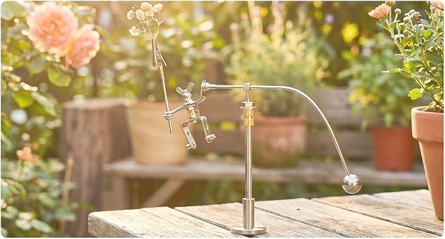 Metal balancing robot with a flower in its memo clip