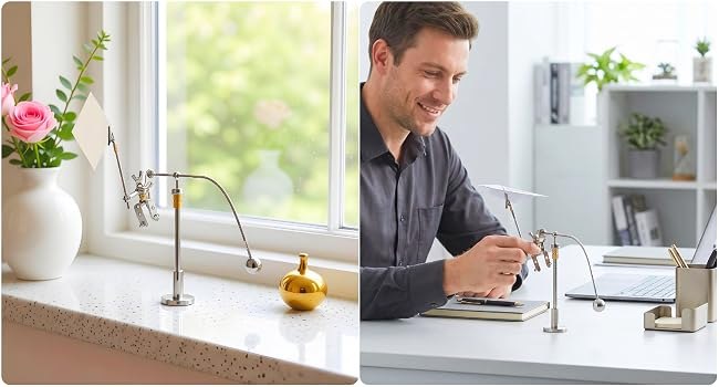 Robot memo holder displayed on a windowsill and beside a notebook