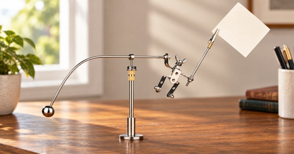 Balancing metal robot memo holder with a blank card on a wooden desk