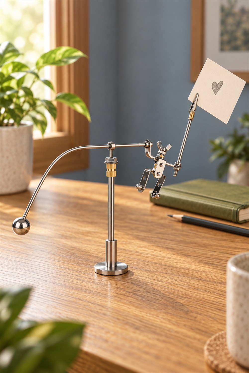 Small metal balancing robot with a wing-nut head holding a cream heart-doodle card above a sunlit oak desk, opposite a curved arm and ball counterweight.