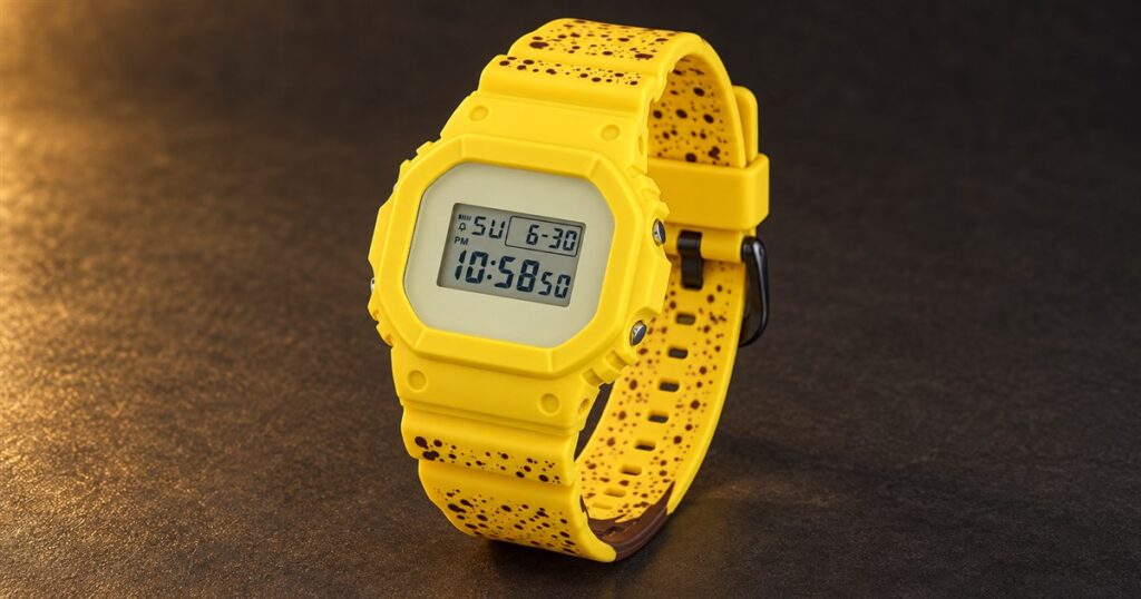 Yellow banana digital watch with a brown freckled strap