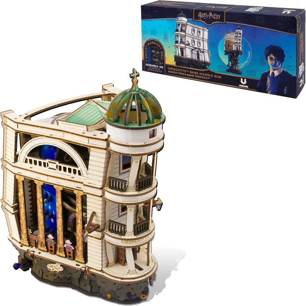 UGEARS Gringotts wooden bank marble run and retail box