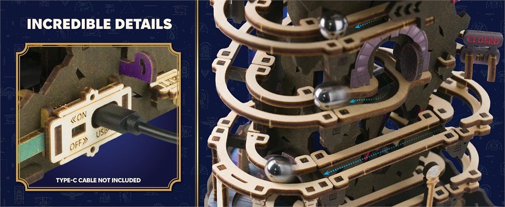 USB Type-C connection and branching metal marble tracks