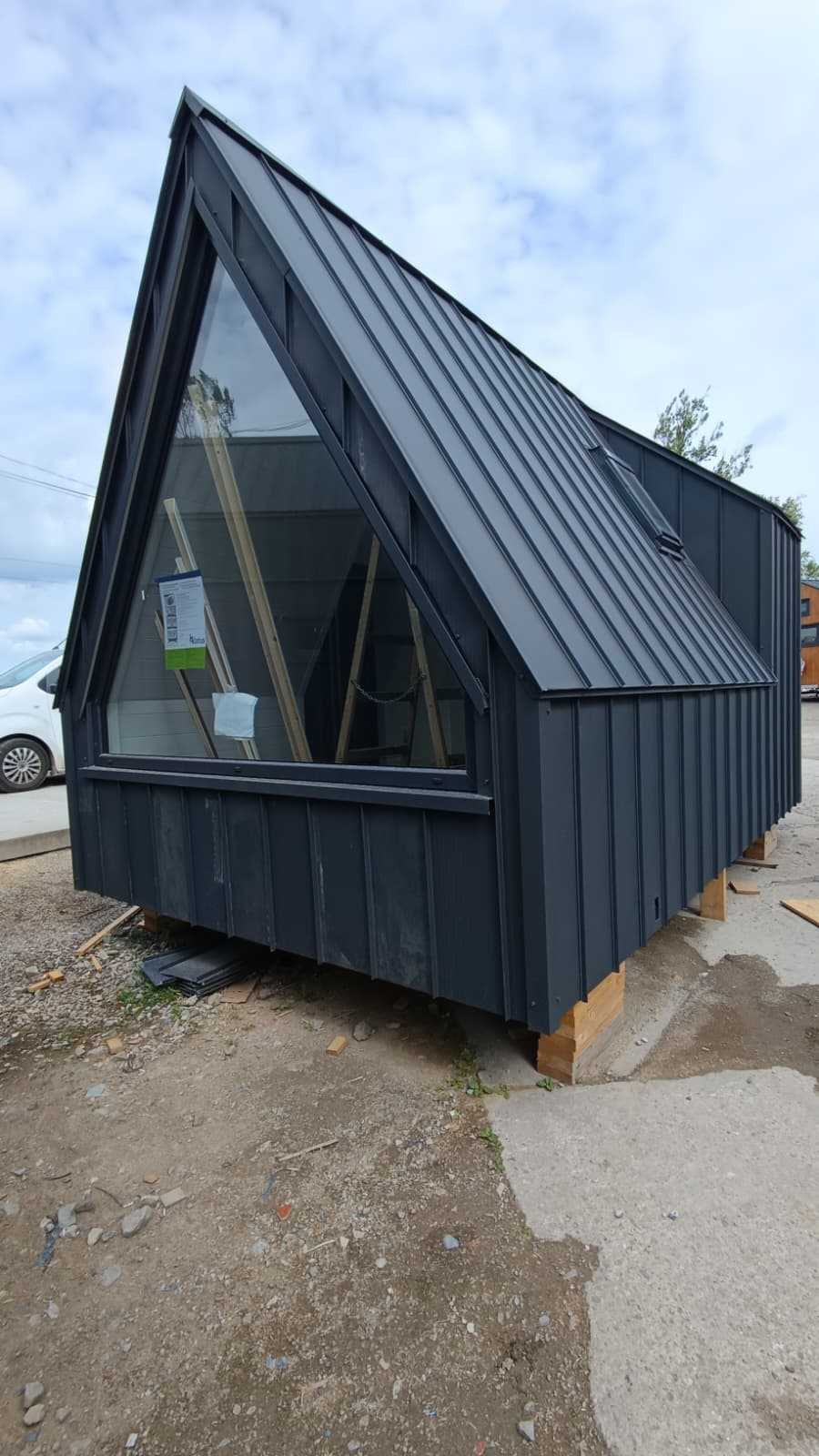 Mini Brda A-frame cabin with triangular front window during construction