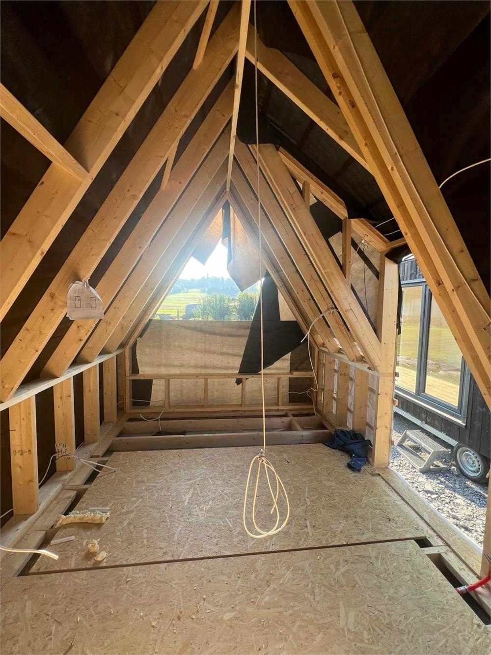 Exposed timber framing inside the Mini Brda during construction