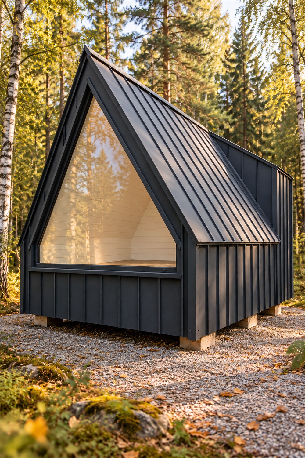AI-generated woodland view of the compact Mini Brda cabin with a steep charcoal metal roof, large triangular front window, white wood-lined interior and low timber supports.
