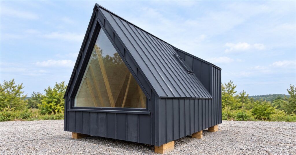 Mini Brda bay-window A-frame cabin with charcoal metal cladding