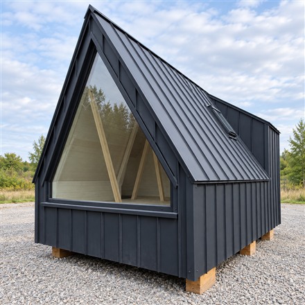 This Tiny A-Frame Cabin Fits a Kitchen and Bathroom Behind Its Big Bay Window