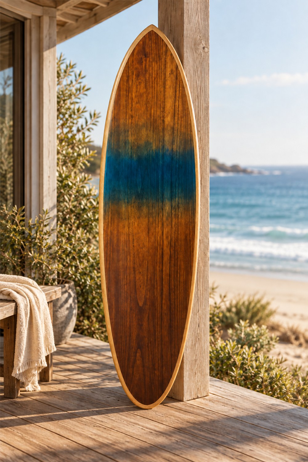 Amber-brown wooden surfboard with a dark blue band and pale rounded rail standing on a sunlit seaside veranda.