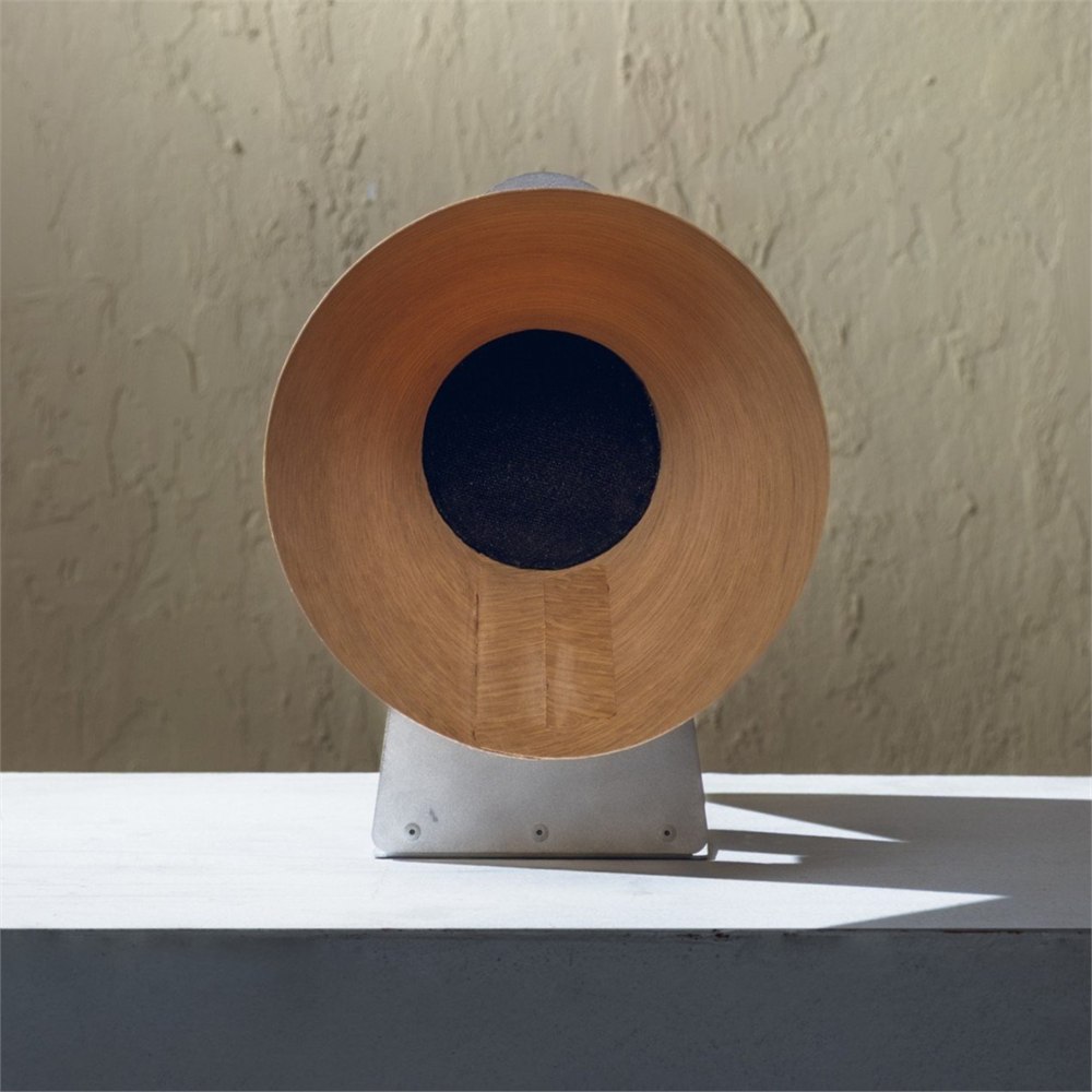 End view into one wood veneer horn of the double-bell speaker