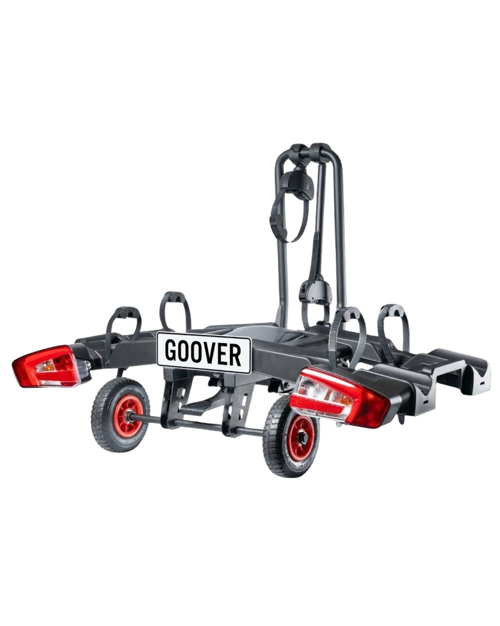 Goover two-bike carrier with transport wheels and rear lights