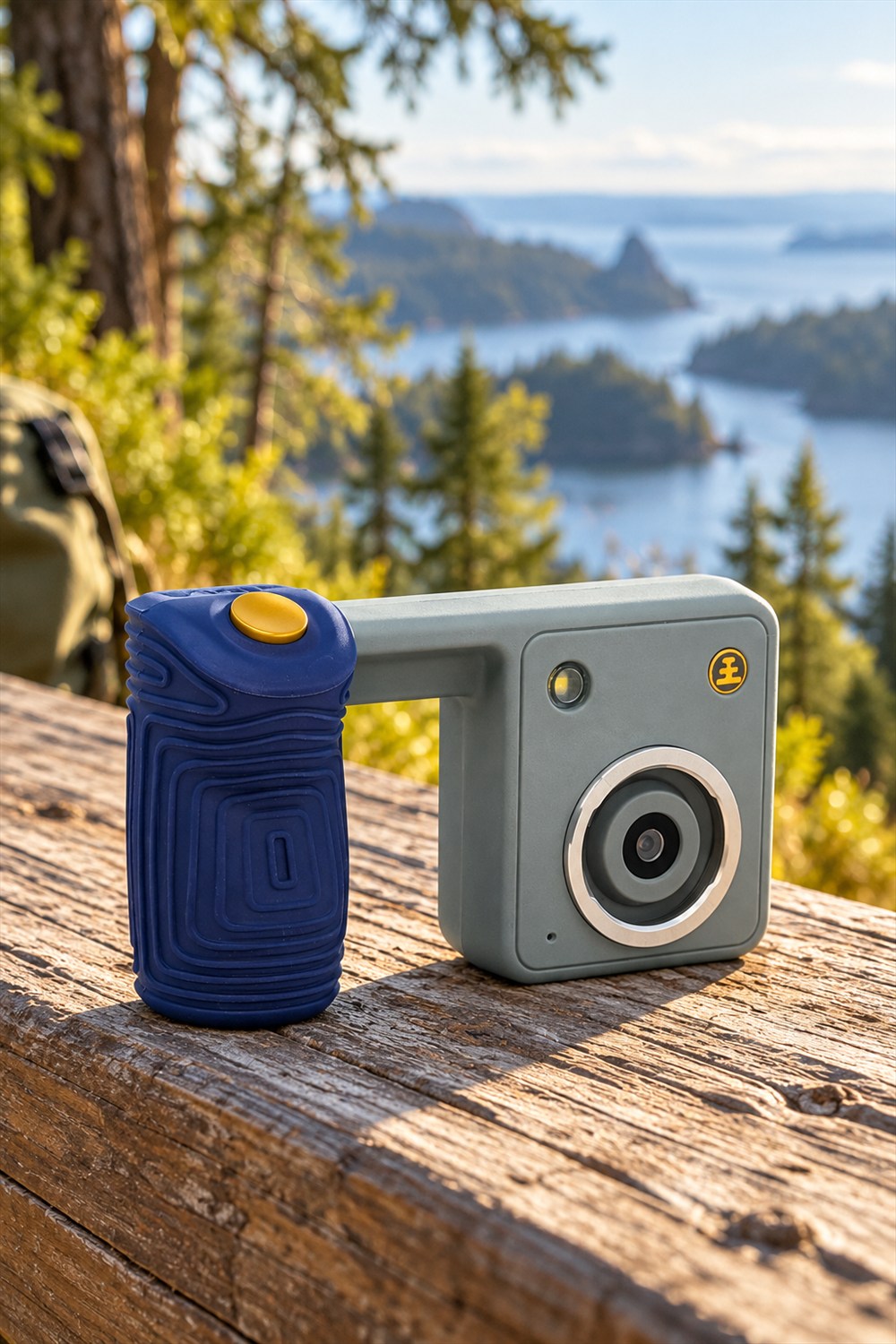 Gray Nocs Portal AFN7 camera with a blue open grip and yellow shutter button on a weathered wooden rail overlooking trees and water.