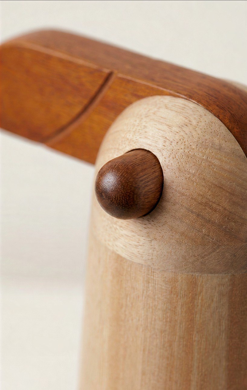Close view of the wooden eye and contrasting beak