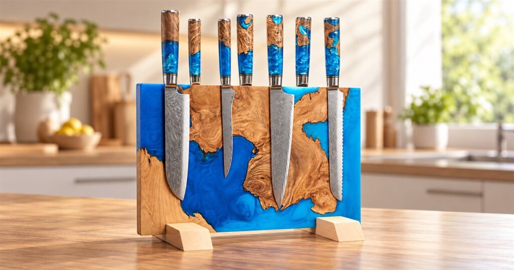Blue resin and burl wood magnetic knife block displaying kitchen knives