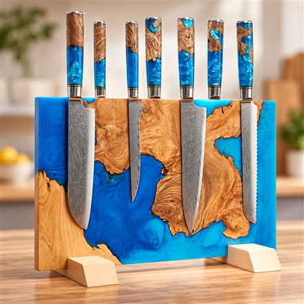 This Blue Resin Magnetic Knife Block Displays Up to 16 Knives on Both Sides